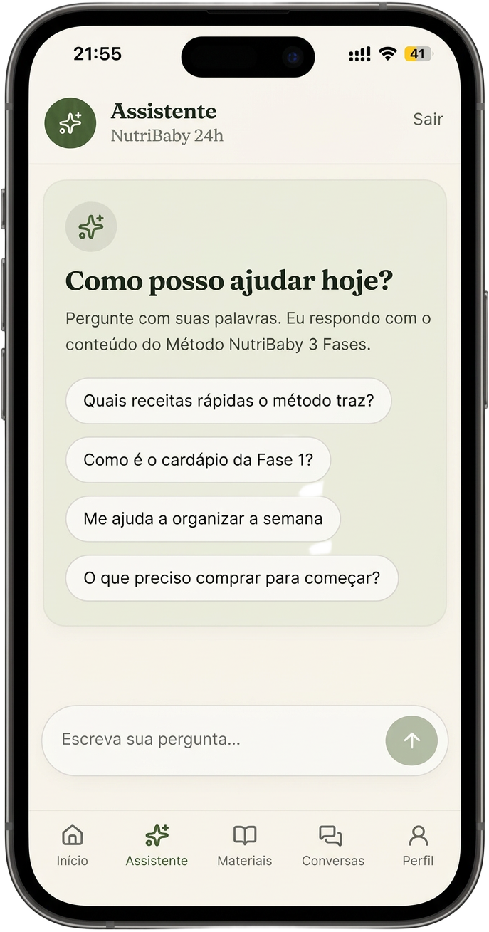 Celular mostrando a interface real do Assistente NutriBaby 24h